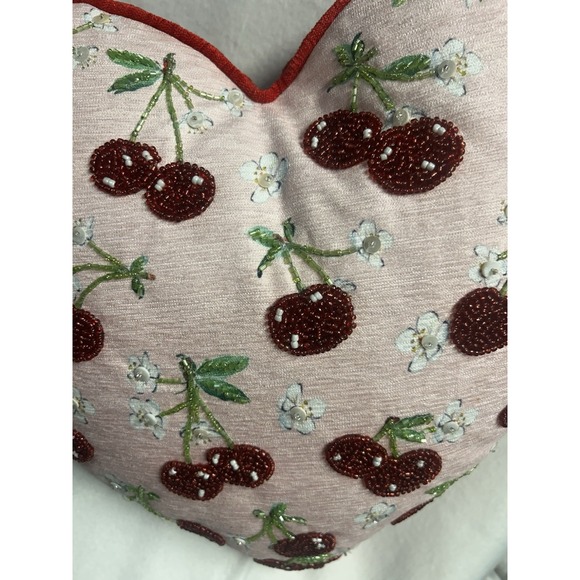 Valentine 16in Beaded Embroidered Cherry Heart Pillow - Picture 7 of 10
